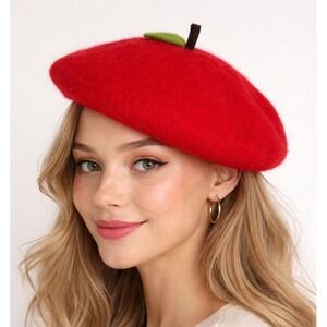 Vintage 100% Wool Normandy Basque Red Beret Tiny Hat France Red Apple Fruity